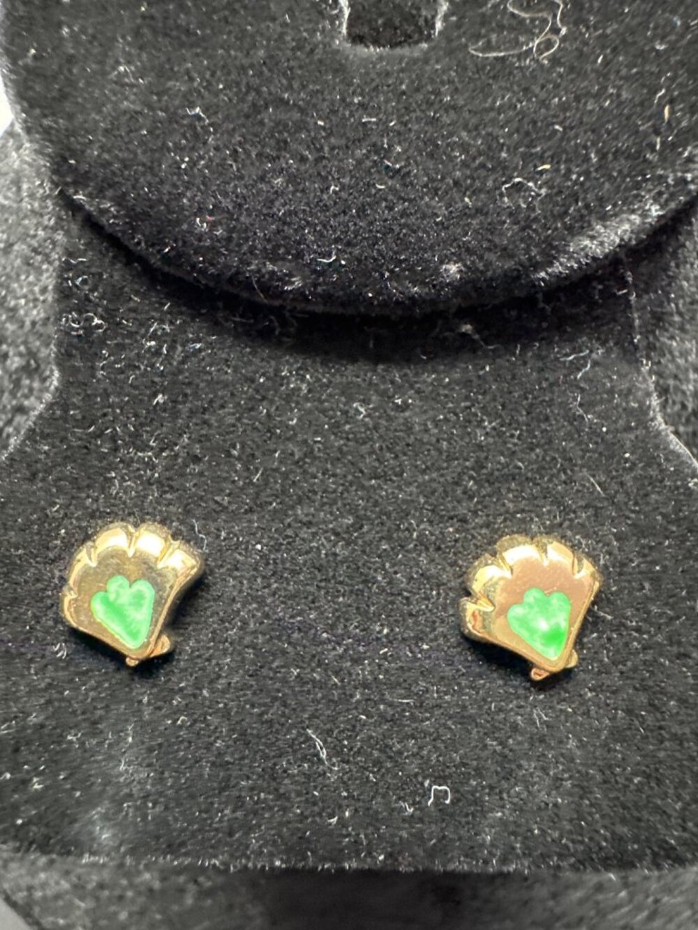 Gold Plated Shell Earrings With Green Heart Design Petite Size 2 Grams